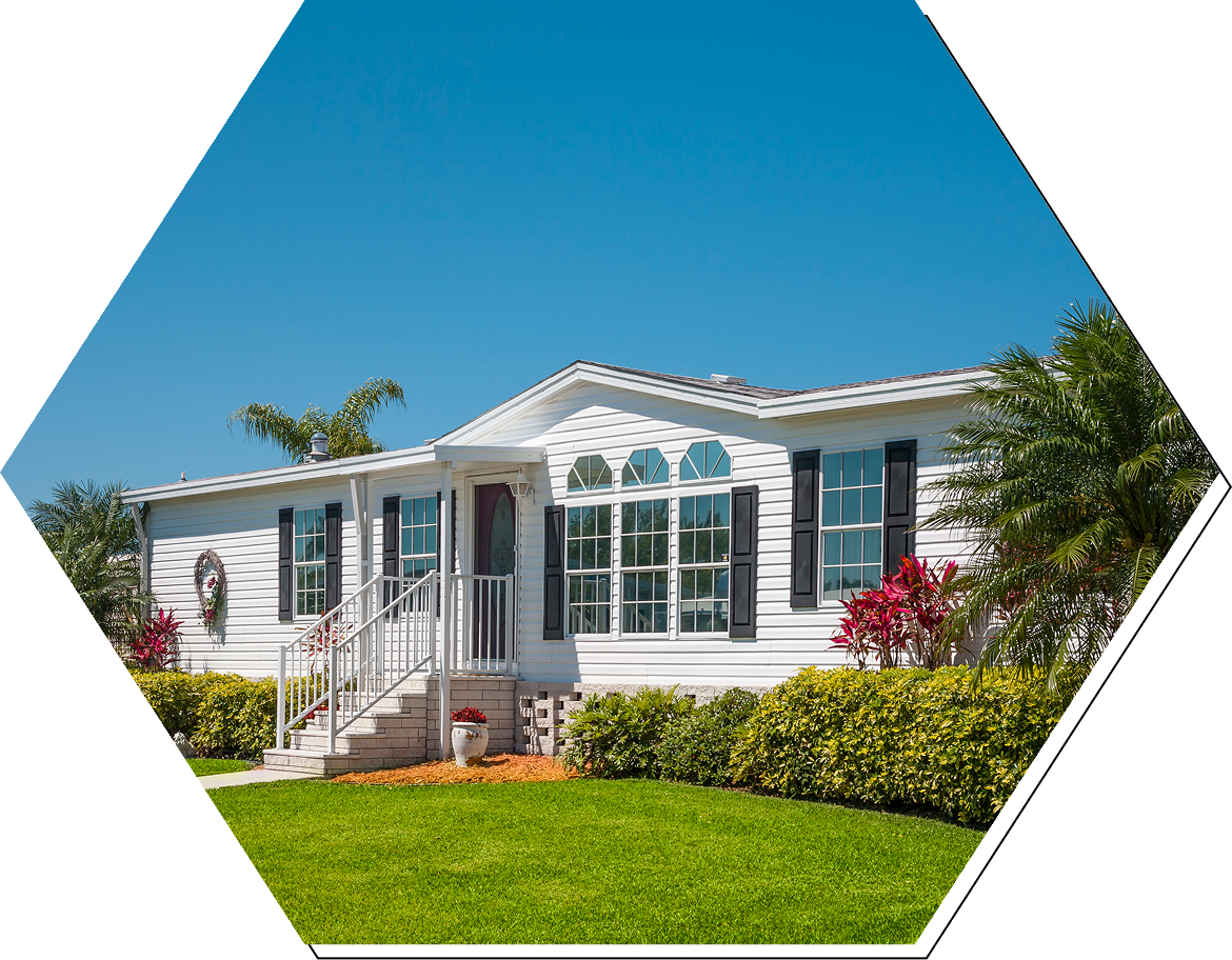 Octagon-shaped image of large white manufactured ADU