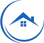 Blue house logo with swoop circle design